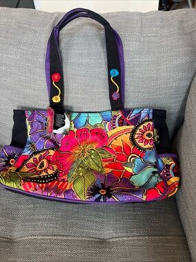 Laurel Burch Handbag Floral Canvas Colorful Boho Beaded Travel Shoulder Bag